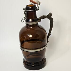 Antique German Amber  Glass Beer Growler with Decorative  Maiden Handle 12 "